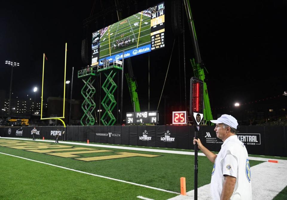 Vanderbilt’s ongoing stadium renovations include a temporary video board that hangs from cranes on game days.
