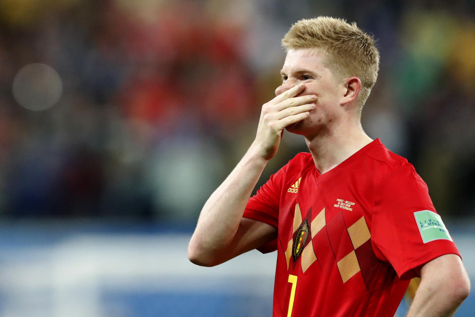 Belgium’s Kevin De Bruyne reacts after the semifinal match between France and Belgium at the 2018 soccer World Cup in the St. Petersburg Stadium in, St. Petersburg, Russia, Tuesday, July 10, 2018. (AP Photo/Frank Augstein)