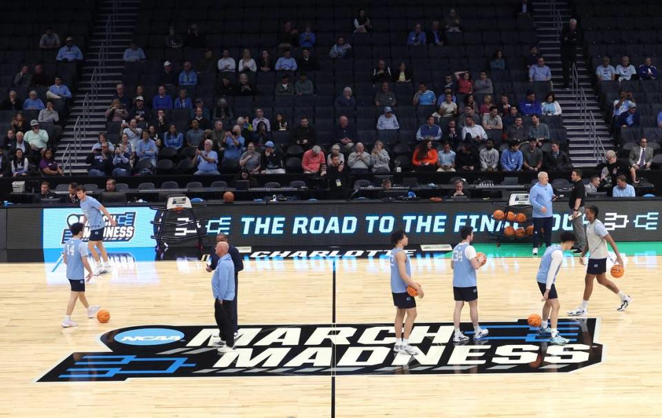 North Carolina held an open practice at Spectrum Center in Charlotte on March 20, 2024, the day before the top-seeded Tar Heels were to face No. 16 Wagner in one of four NCAA Tournament first-round games.