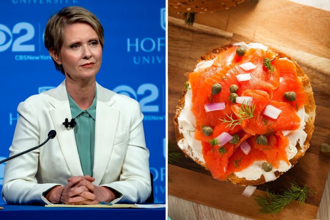 Composite: Cynthia Nixon and bagel with lox and capers