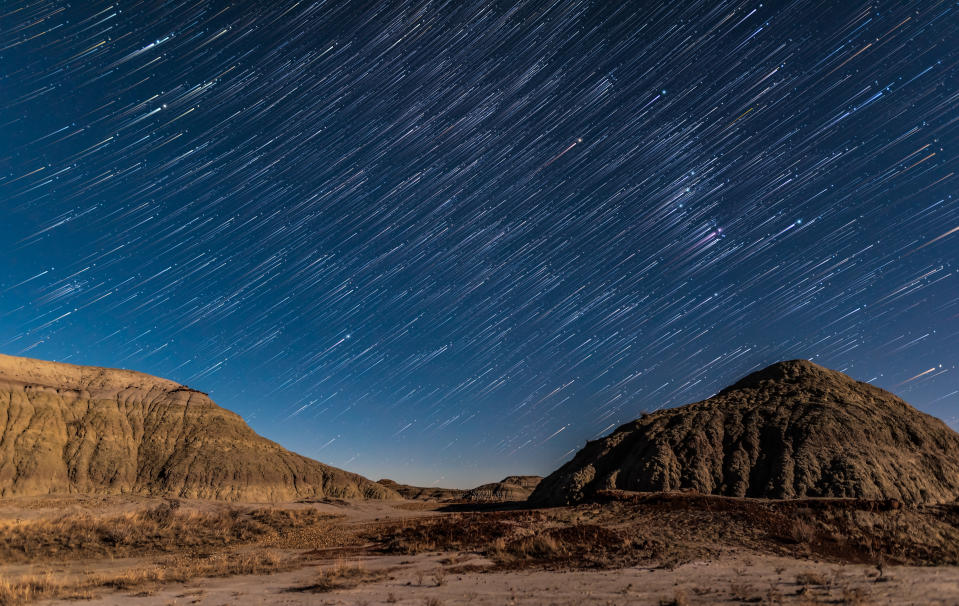 Orion rising in star trails and in the moonlight, at Dinosaur Provincial Park, Alberta, on November 27, 2017 Light is from the 8-day waxing Moon off camera to the right This is a stack of 100 exposures for the star trails, followed by a gap of a miniute, then a final single exposure to add the point-like stars at the ends of the trails Another gaussian blur layer adds the star glows The 100 star trail frames were extracted from the end of a 1200-frame time-lapse sequence All exposures were 10 seconds at f/2 with a 24mm Sigma Art lens and Nikon D750 at ISO 800 Stacking was with the Advanced Stacker Plus actions from Star Circle Academy, v14e.