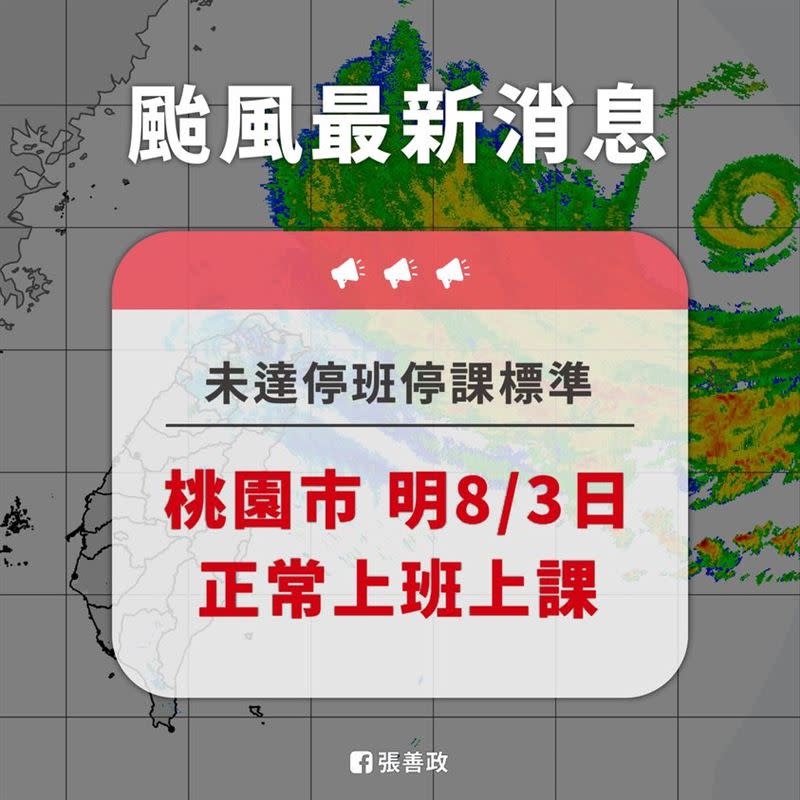 張善政昨晚表示，向市民朋友報告，桃園市8/3正常上班上課。（圖／翻攝自張善政臉書）