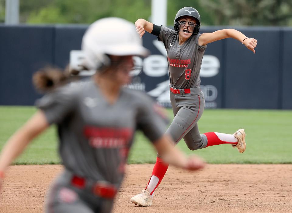 Spanish Fork’s Paige Pierce celebrates her home run hit as she runs the bases during the 5A softball championship game against Bountiful at the Miller Park Complex in Provo on Friday, May 26, 2023. Spanish Fork won 8-4. | Kristin Murphy, Deseret News