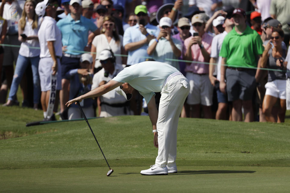 Rory McIlroy, of Northern Ireland, reacts to a missed putt on the 16th green during the final round of the World Golf Championships-FedEx St. Jude Invitational, Sunday, July 28, 2019, in Memphis, Tenn. (AP Photo/Mark Humphrey)