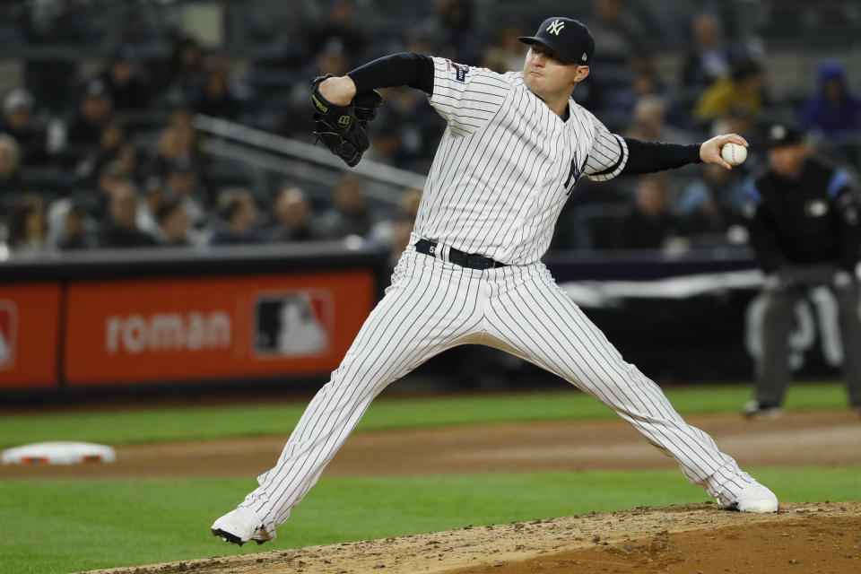 New York Yankees relief pitcher Zack Britton throws against the Houston Astros during the seventh inning in Game 5 of baseball's American League Championship Series Friday, Oct. 18, 2019, in New York. (AP Photo/Matt Slocum)