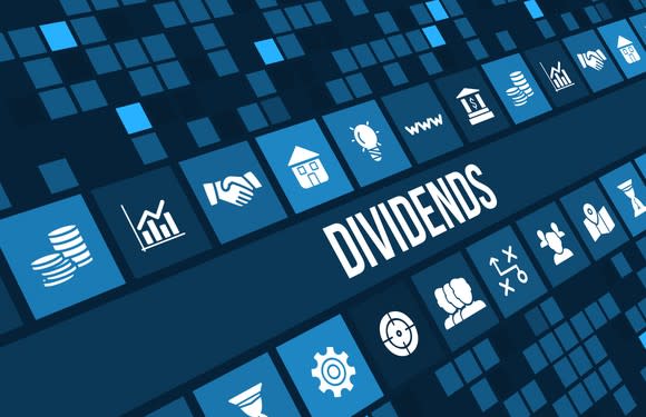 Word "Dividends" on a blue background with squares and sector symbols.