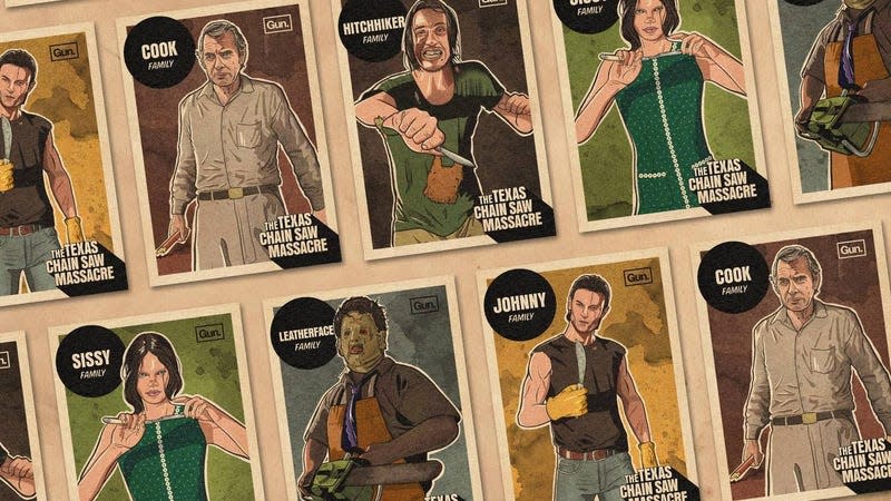 Killers in The Texas Chain Saw Massacre game are arranged in trading cards.