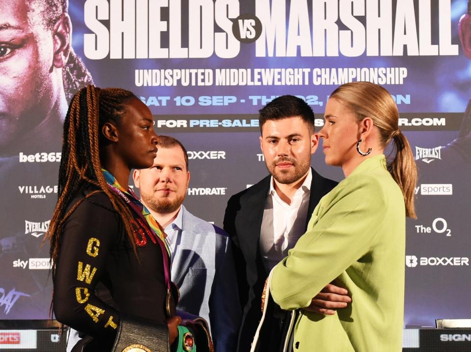 Claressa Shields (left) and Savannah Marshall at an intense press conference this July  (Getty Images)