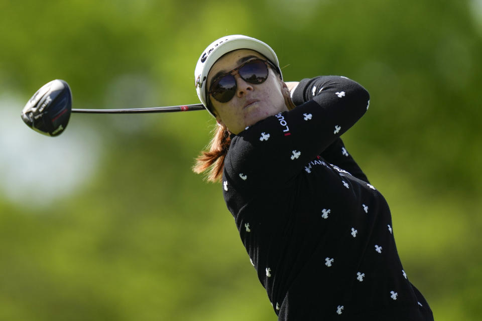 Hannah Green, of Australia, hits off the 16th tee during the first round of the LPGA Cognizant Founders Cup golf tournament, Thursday, May 9, 2024, in Clifton, N.J. (AP Photo/Seth Wenig)