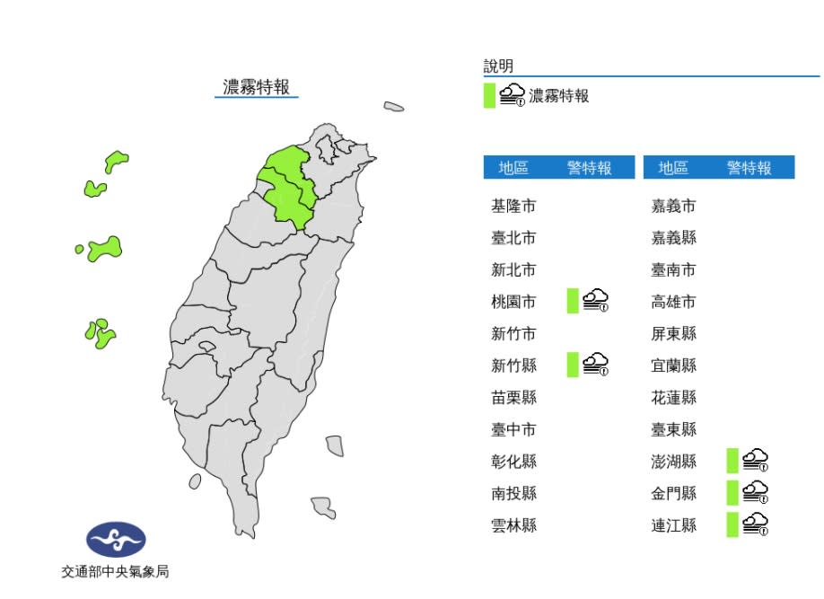 澎湖、金門、馬祖、桃園及新竹能見度不足200公尺。   圖/氣象局