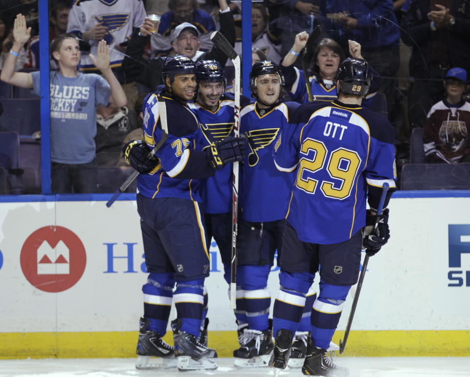 St. Louis Blues' Maxim Lapierre, second from left, celebrates with teammates after scoring a goal during the second period of an NHL hockey game against the Washington Capitals, Tuesday, April 8, 2014, in St. Louis.(AP Photo/Tom Gannam)