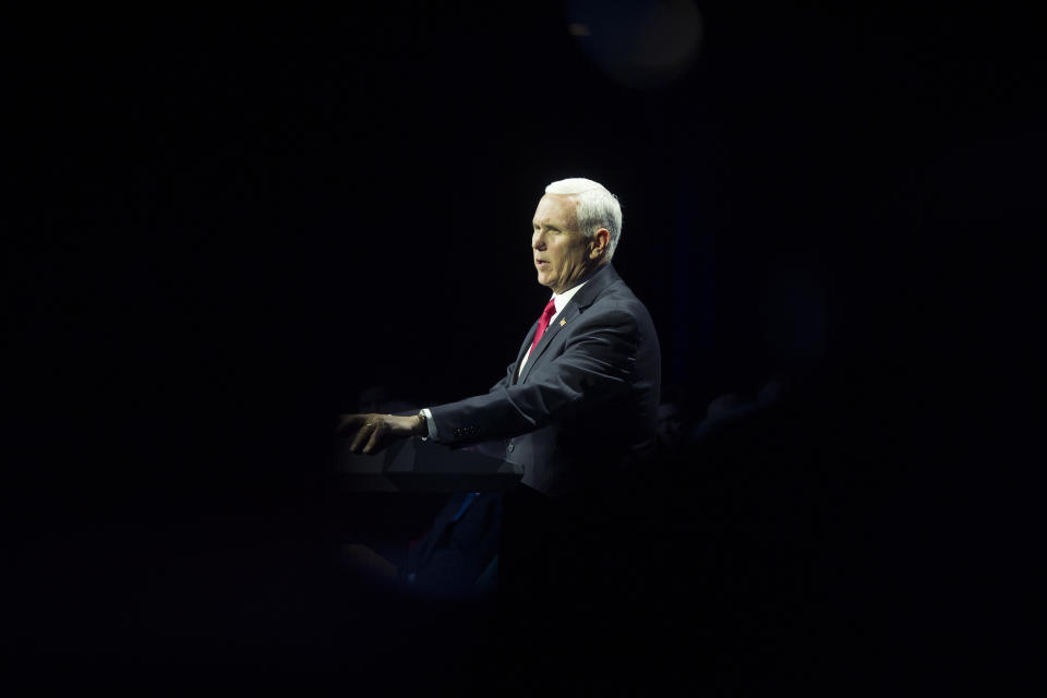 Vice President Mike Pence addresses the Atlantic Council's "NATO Engages The Alliance at 70" conference, in Washington, Wednesday, April 3, 2019. (AP Photo/Cliff Owen)