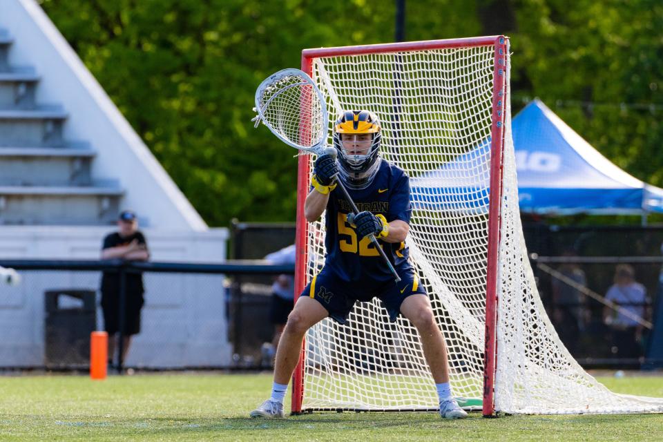 Michigan goalie Hunter Taylor prepares for a shot in the Big Ten lacrosse tournament championship against Maryland on May 6 at Homewood Field in Baltimore, Maryland