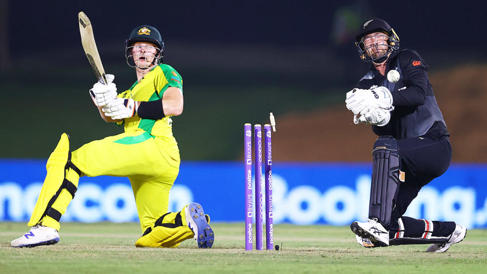 Steve Smith, pictured here in action for Australia in their World Cup warm-up match against New Zealand.