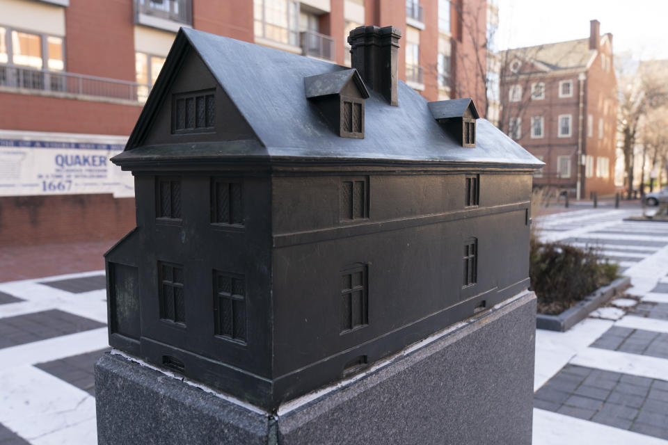 A model of William Penn's Slate Roof house is displayed at Welcome Park in Philadelphia, Monday, Jan. 8, 2024. (AP Photo/Matt Rourke)