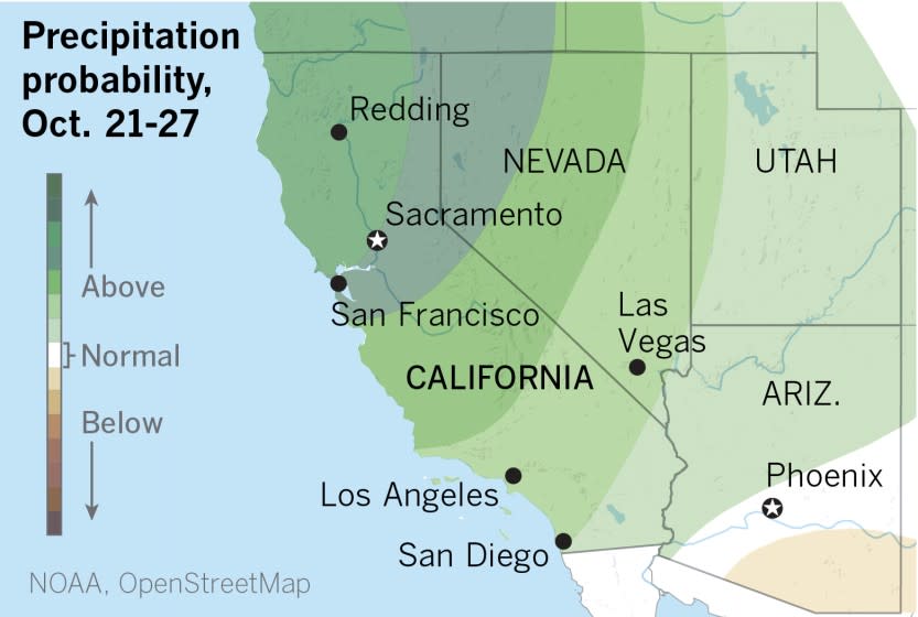 Map showing the 8-14 day precipitation outlook for California and neighboring states.