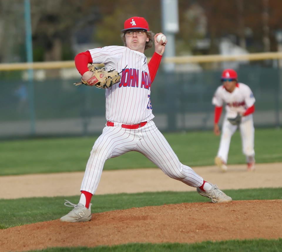 Adams senior Aidan Pearson delivers a pitch during a baseball game against Penn Monday, April 22, 2024, at School Field in South Bend.