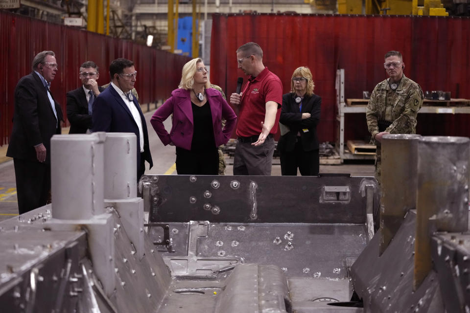 Secretary of the Army Christine Wormuth is shown the Stryker vehicle platform during a tour of the Joint Systems Manufacturing Center, Thursday, Feb. 16, 2023, in Lima, Ohio. (AP Photo/Carlos Osorio)