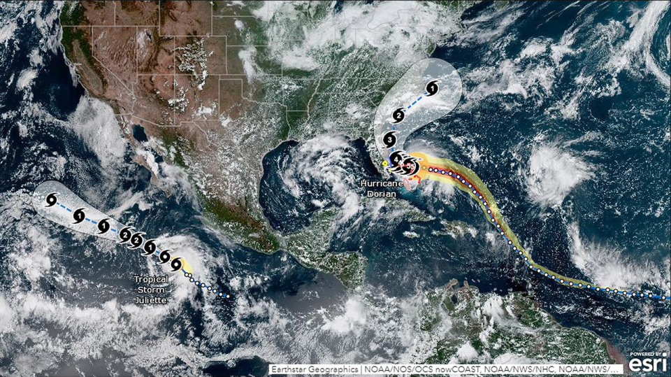 Satellite graphic depicting Hurricane Dorian slamming into the Bahamas.