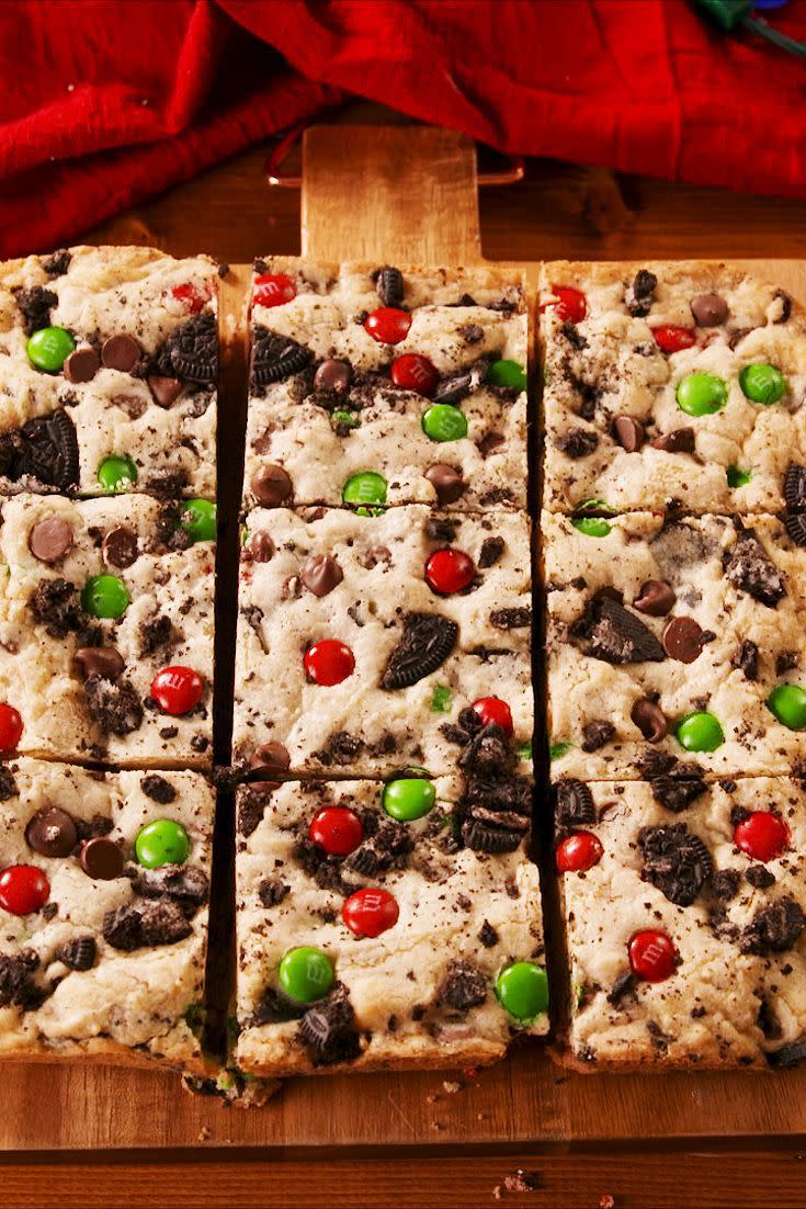 <p>Loaded with M&Ms, crushed Oreos, and chocolate chips, we could not think of a better way to celebrate the holidays.</p><p>Get the recipe from <a href="https://www.delish.com/holiday-recipes/christmas/a25022309/christmas-blondies-recipe/" rel="nofollow noopener" target="_blank" data-ylk="slk:Delish;elm:context_link;itc:0;sec:content-canvas" class="link ">Delish</a>.</p>