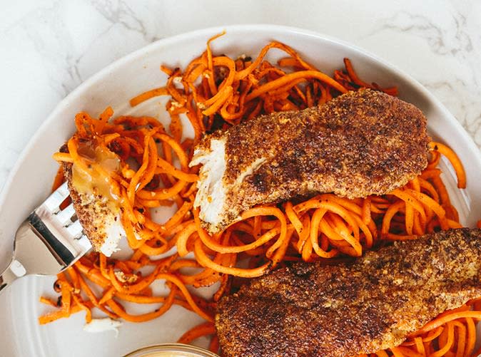 Flaxseed Crusted Chicken with Spiralized Sweet Potatoes