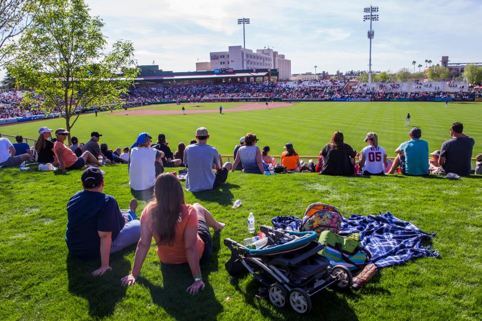 A view of fans watching a spring training game for the San Francisco Giants at Scottsdale Stadium. The venue is the host of the Pac-12 Baseball Tournament.