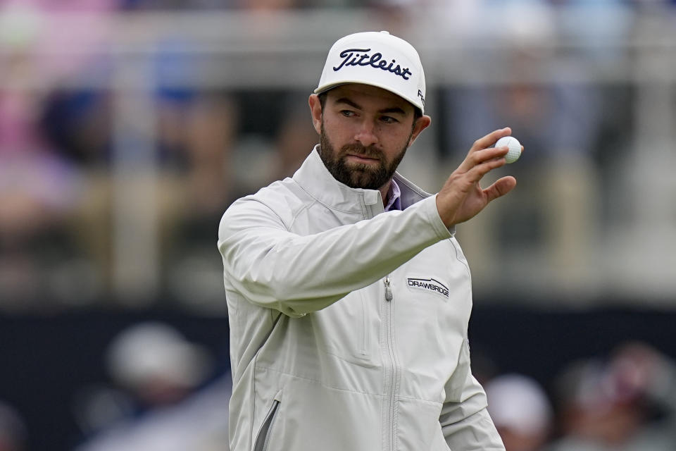 Cameron Young celebrates his eagle on the 17th hole during the third round of the PGA Championship golf tournament at Southern Hills Country Club, Saturday, May 21, 2022, in Tulsa, Okla. (AP Photo/Eric Gay)