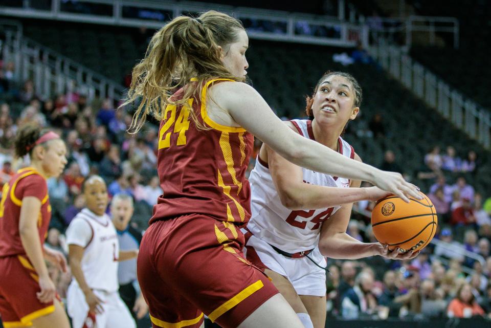 Mar 11, 2024; Kansas City, MO, USA; Oklahoma Sooners forward Skylar Vann (24) tries to get around Iowa State Cyclones forward Addy Brown (24) during the first half at T-Mobile Center. Mandatory Credit: William Purnell-USA TODAY Sports