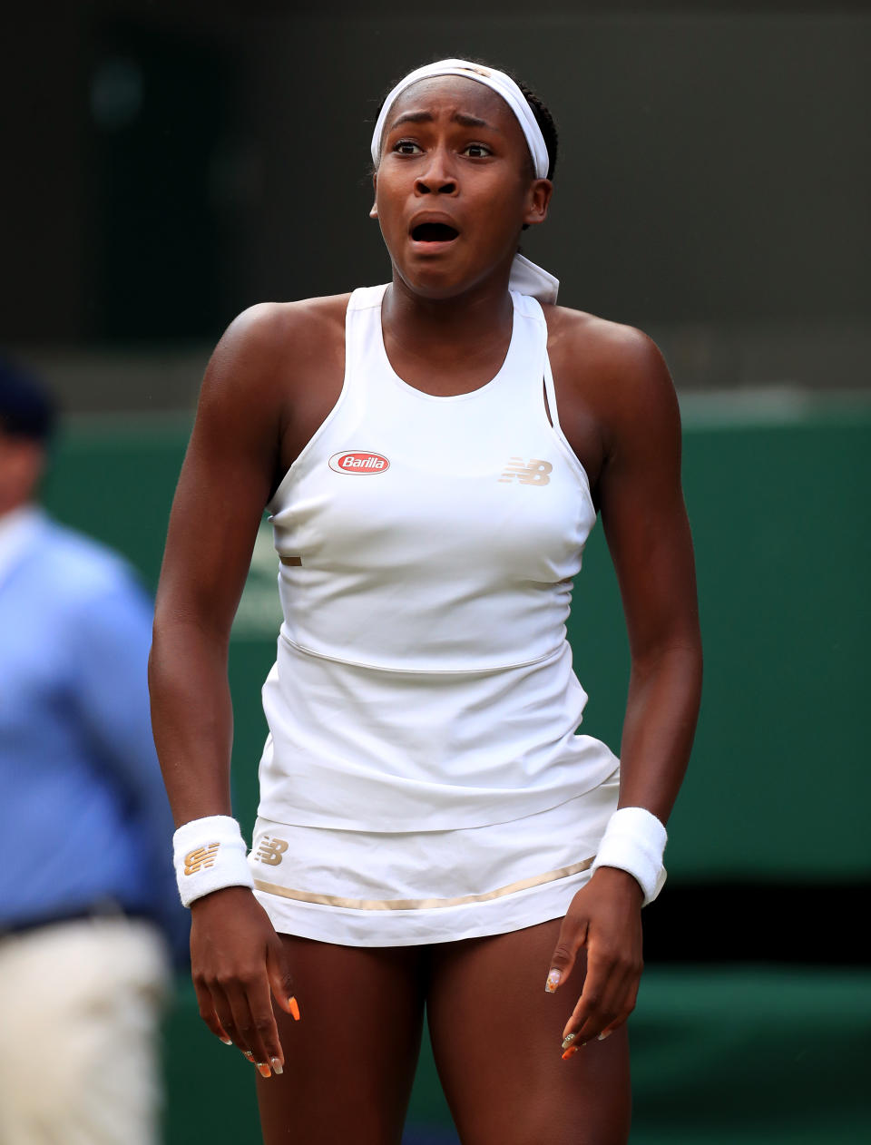 Cori Gauff celebrates her win against Venus Williams on day one of the Wimbledon Championships at the All England Lawn Tennis and Croquet Club, Wimbledon.