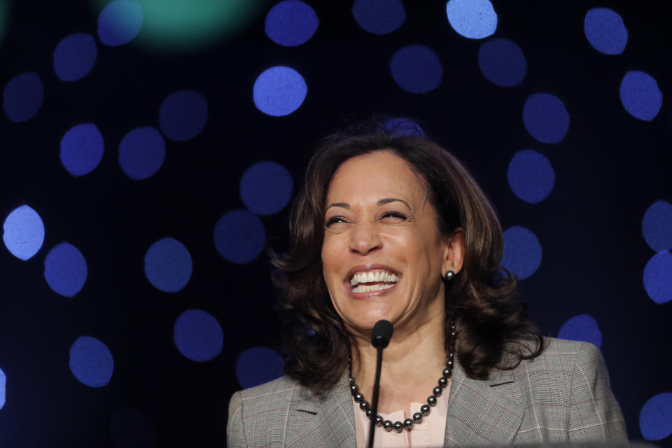 Democratic presidential candidate Sen. Kamala Harris, D-Calif., speaks at the Alpha Kappa Alpha Sorority South Central Regional Conference in New Orleans, Friday, April 19, 2019. Harris is tapping into a network of historically black colleges and universities to mobilize her supporters (AP Photo/Gerald Herbert)