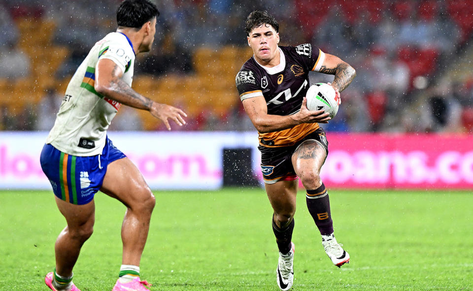 Reece Walsh, pictured here in action for the Broncos against the Raiders.