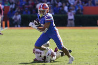 Florida running back Malik Davis (20) runs past Florida State defensive back Jarvis Brownlee Jr. during the second half of an NCAA college football game, Saturday, Nov. 27, 2021, in Gainesville, Fla. (AP Photo/John Raoux)