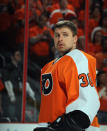 PHILADELPHIA, PA - APRIL 15: Ilya Bryzgalov #30 of the Philadelphia Flyers prepares for his game against the Pittsburgh Penguins in Game Three of the Eastern Conference Quarterfinals during the 2012 NHL Stanley Cup Playoffs at Wells Fargo Center on April 15, 2012 in Philadelphia, Pennsylvania. The Flyers defeated the Penguins 8-4. (Photo by Bruce Bennett/Getty Images)