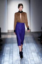 <b>Victoria Beckham AW13 at New York Fashion Week <br></b><br>Victoria teamed camel with cobalt blue for a striking look.<br><br>Image © Getty