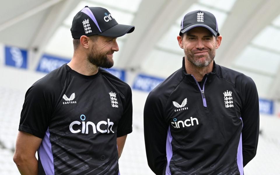 England's mentor and bowling coach James Anderson with Chris Woakes and Mark Wood during a net session at Trent Bridge on July 16, 2024 in Nottingham, England