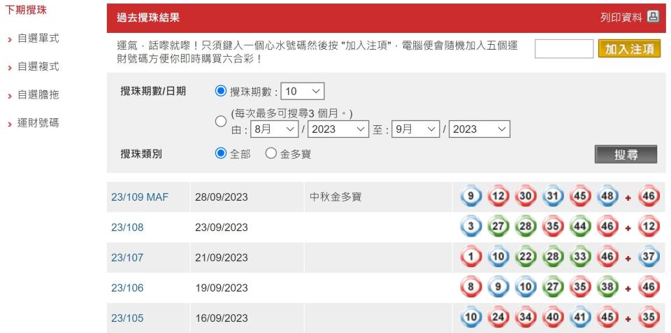 過去5期攪珠記錄，其中46號在過去5期攪珠出現了4次。(馬會網頁截圖)