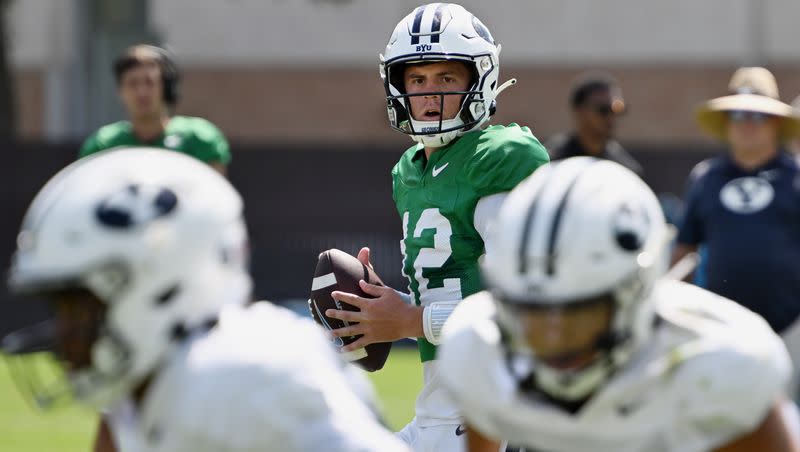 BYU backup quarterback Jake Retzlaff looks to pass the ball during BYU’s practice in Provo on Tuesday, Aug. 8, 2023.