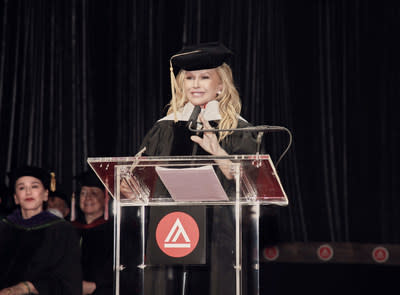 Kathy Hilton giving a commencement speech to Academy of Art University 2022 graduates