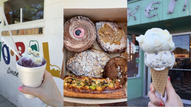 From left to right: A sno-ball from Sal's, pastries from Levee Baking Co. and ice cream from Creole Creamery. (Photo: Caroline Bologna/HuffPost)