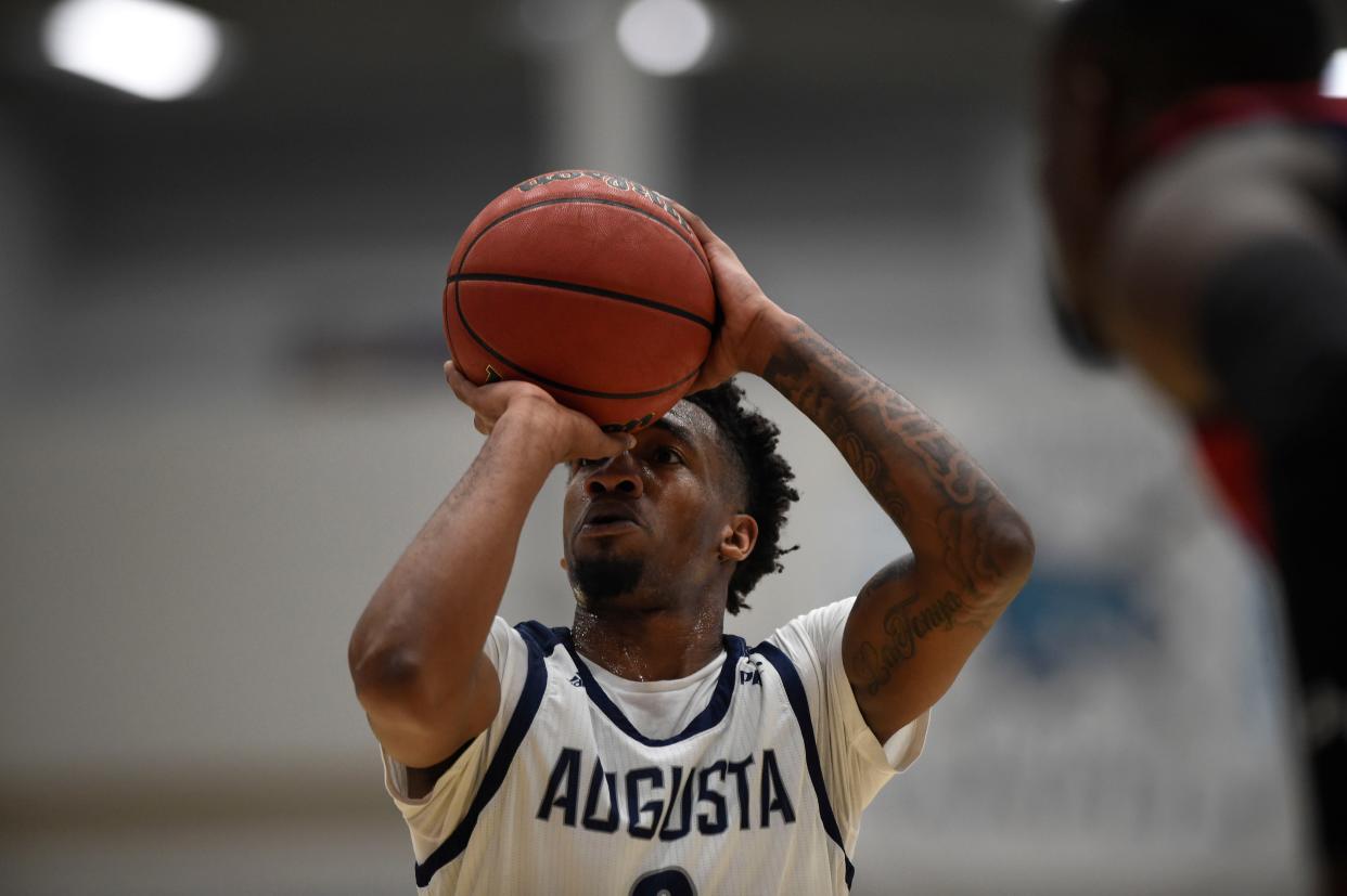 Augusta #2 Tyree Myers shoots a free throw during the Augusta University and USC Aiken mens basketball game at Augusta University Forest Hills campus on Wednesday, Jan. 26, 2022. Augusta defeated USC Aiken 73-52. 