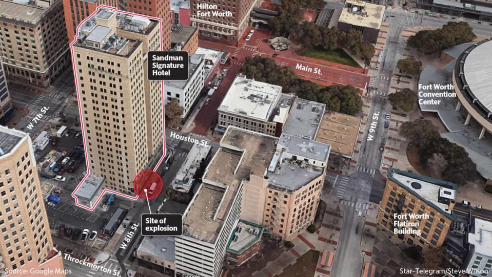 An aerial look at where a powerful explosion damaged the Sandman Signature Hotel in downtown Fort Worth on Monday, Jan. 8, 2023.