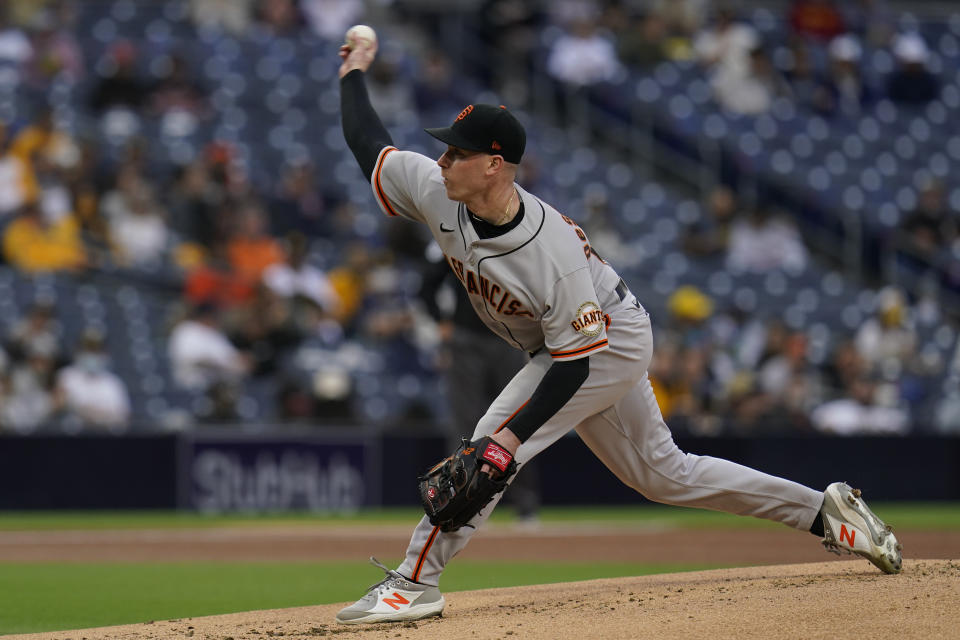 San Francisco Giants starting pitcher Anthony DeSclafani works against a San Diego Padres batter during the first inning of a baseball game Saturday, May 1, 2021, in San Diego. (AP Photo/Gregory Bull)