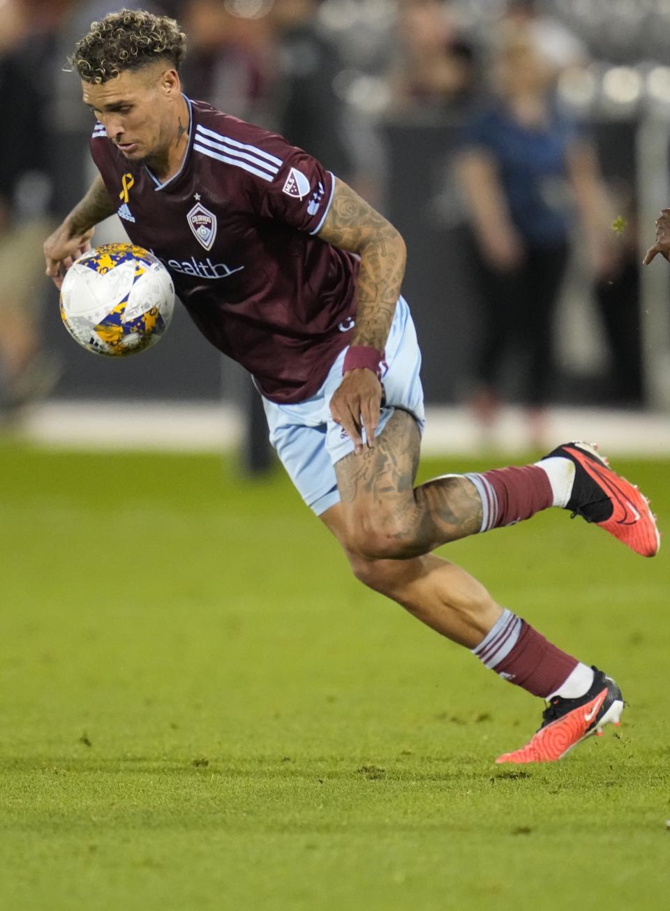 Colorado Rapids forward Rafael Navarro controls the ball against the Vancouver Whitecaps during the first half of an MLS soccer match Wednesday, Sept. 27, 2023, in Commerce City, Colo. (AP Photo/Jack Dempsey)