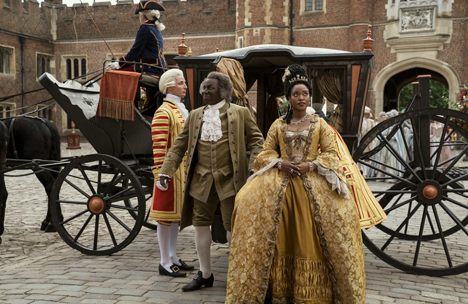 (L to R) Cyril Nri as Lord Danbury, Arsema Thomas as Young Agatha Danbury in Queen Charlotte: A Bridgerton Story.