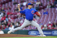 Chicago Cubs starting pitcher Javier Assad throws during the first inning of the team's baseball game against the Cincinnati Reds on Tuesday, Oct. 4, 2022, in Cincinnati. (AP Photo/Jeff Dean)