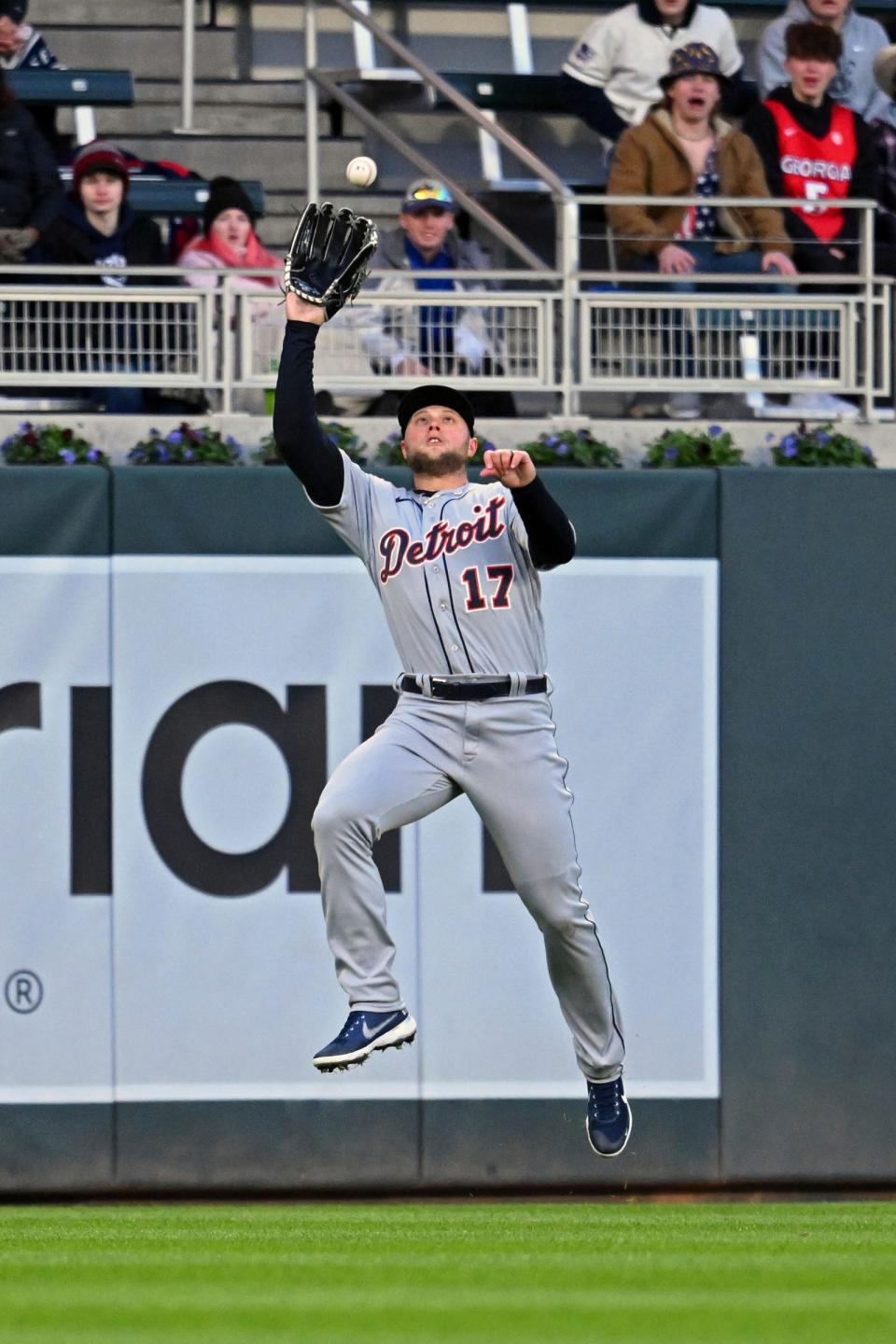 Tigers left field Austin Meadows catches a line drive hit by Twins first base Miguel Sano during the fourth inning on Tuesday, April 26, 2022, in Minneapolis.