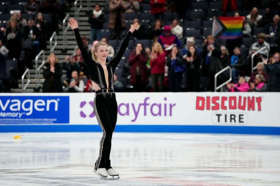 Jan 25, 2024; Columbus, Ohio, USA; Amber Glenn reacts after finishing her performance in the championship women short program during the 2024 US Figure Skating Championships at Nationwide Arena. Mandatory Credit: Adam Cairns-USA TODAY Sports