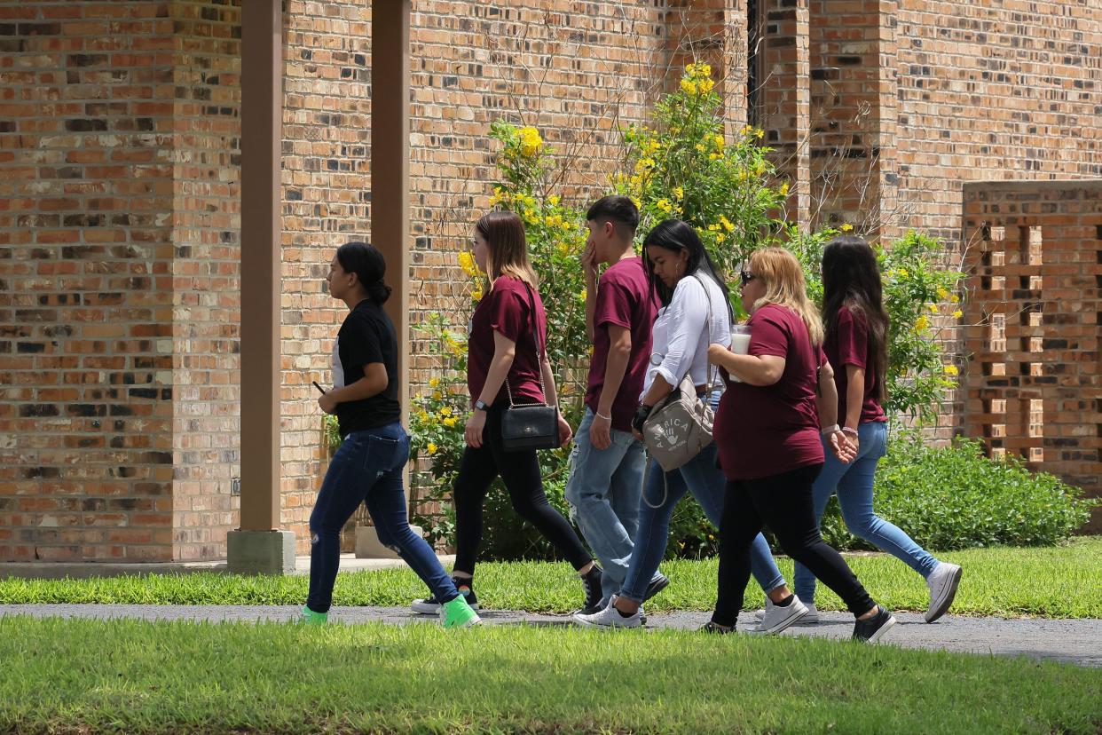 People leave after paying their respects during visitation for Maite Rodriguez at Rushing-Estes-Knowles Chapel on May 30, 2022 in Uvalde, Texas. 