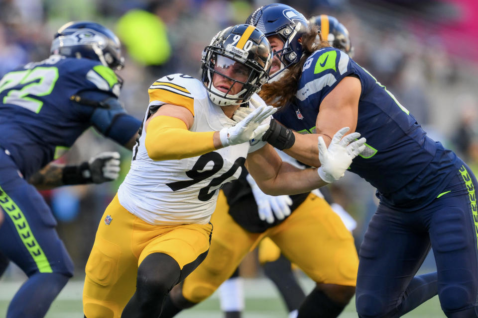 SEATTLE, WASHINGTON – DECEMBER 31: T.J. Watt #90 of the Pittsburgh Steelers during the first half of a game against the Seattle Seahawks at Lumen Field on December 31, 2023 in Seattle, Washington. (Photo by Conor Courtney/Getty Images)