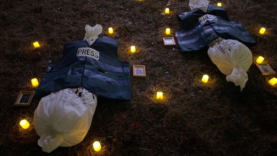 About 100 people gathered in Dearborn, Michigan, on Dec. 27, 2023, to mourn the dozens of journalists killed since the Hamas-Israel war began Oct. 7.